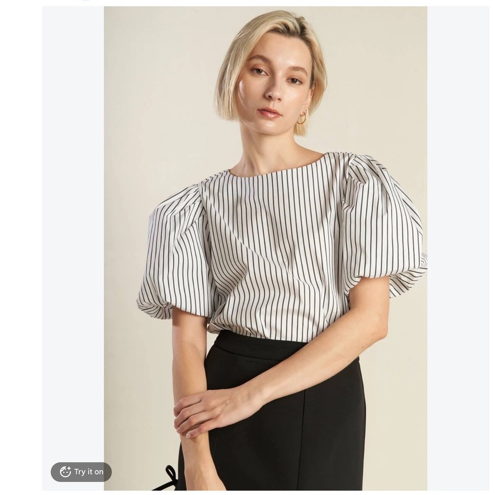 Maeve Womens Cotton Poplin Top M White Black Striped Puff Sleeve Preppy Twee